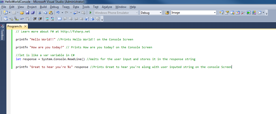 Code for F# Hello World Console App