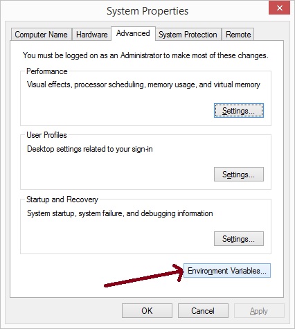 a picture showing where to click to open Environment variable sin Windows