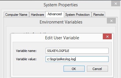 a picture showing way to add new user environment variable SSLKEYLOGFILE 