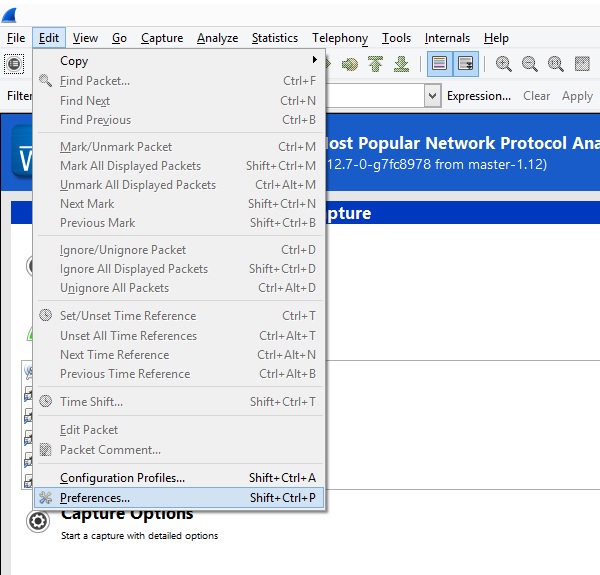 a showing where to open wireshark preferences from menu