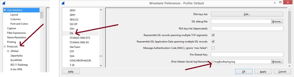 a picture showing where to specify the session keys log file in wireshark
