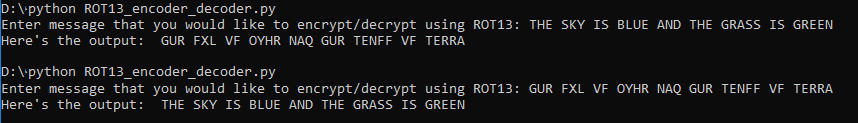Image showing sample run of ROT13 encoder decoder
