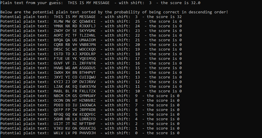 Image showing sample run of Caesar Cipher Decoder