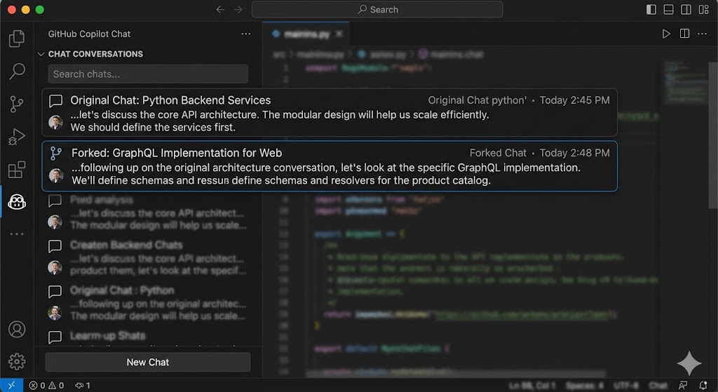 Chat sidebar showing original and forked threads
