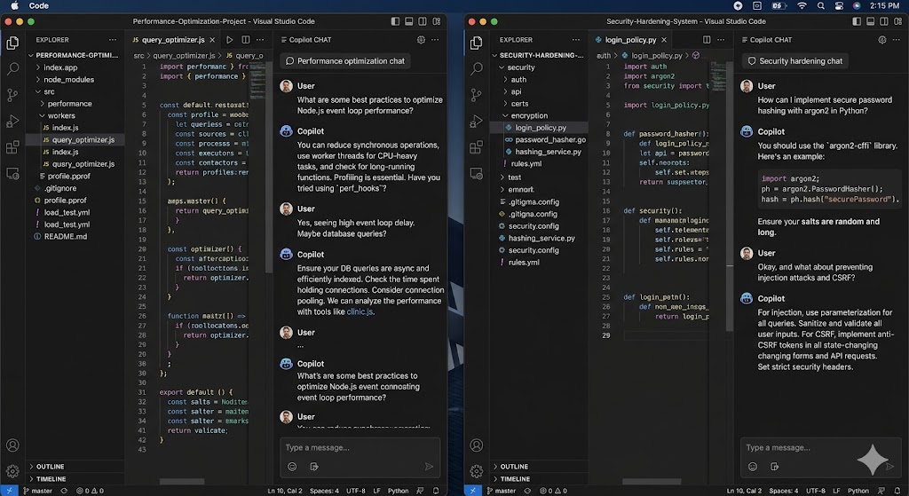 Two VS Code windows side-by-side