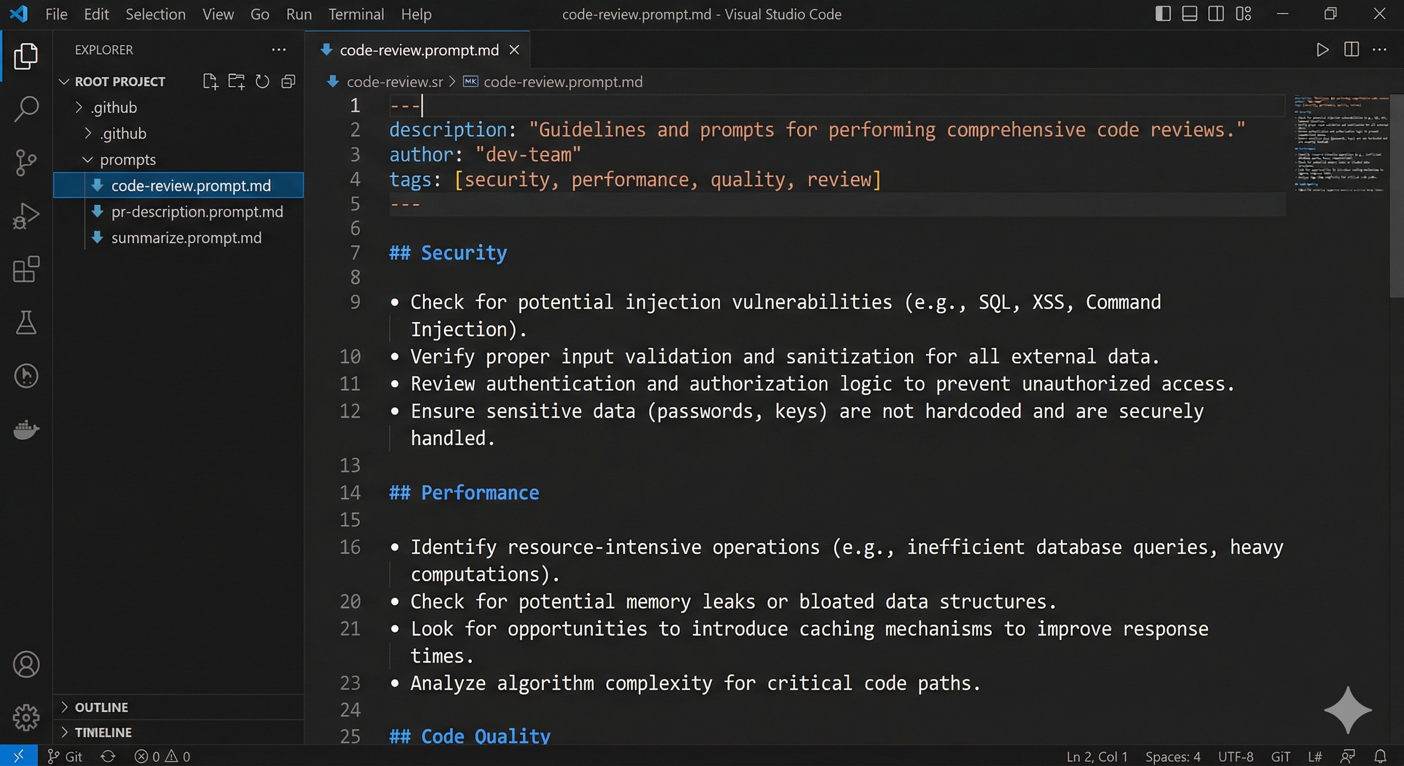 A .prompt.md file open in VS Code editor showing frontmatter and structured prompt sections