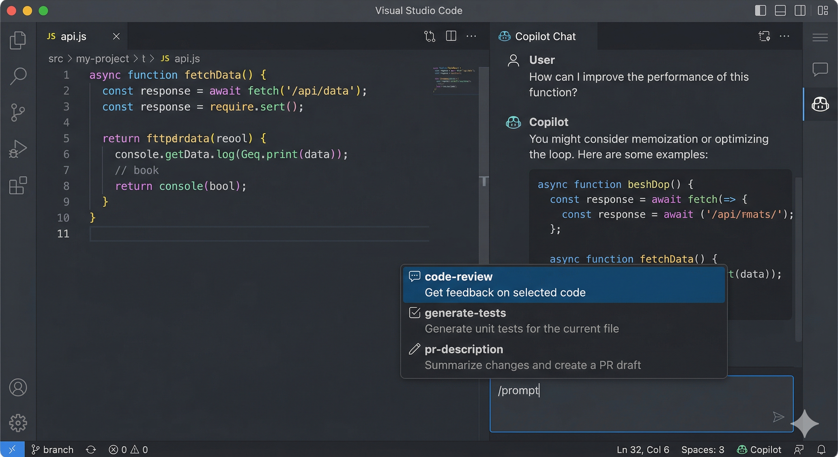 The /prompt command typed in Copilot Chat showing a dropdown list of available prompt files