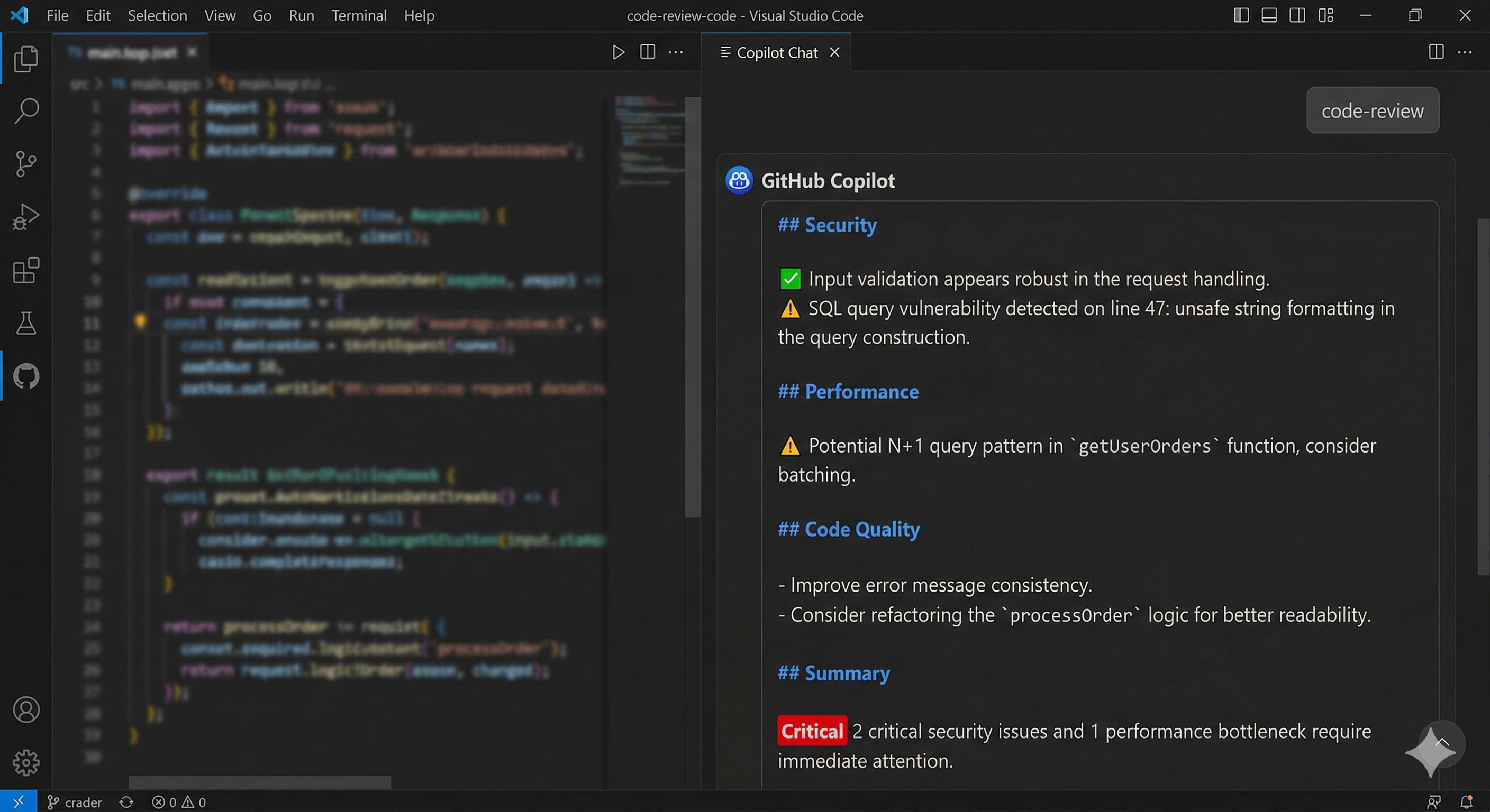 Copilot Chat response after invoking the code-review prompt showing a structured, section-by-section analysis