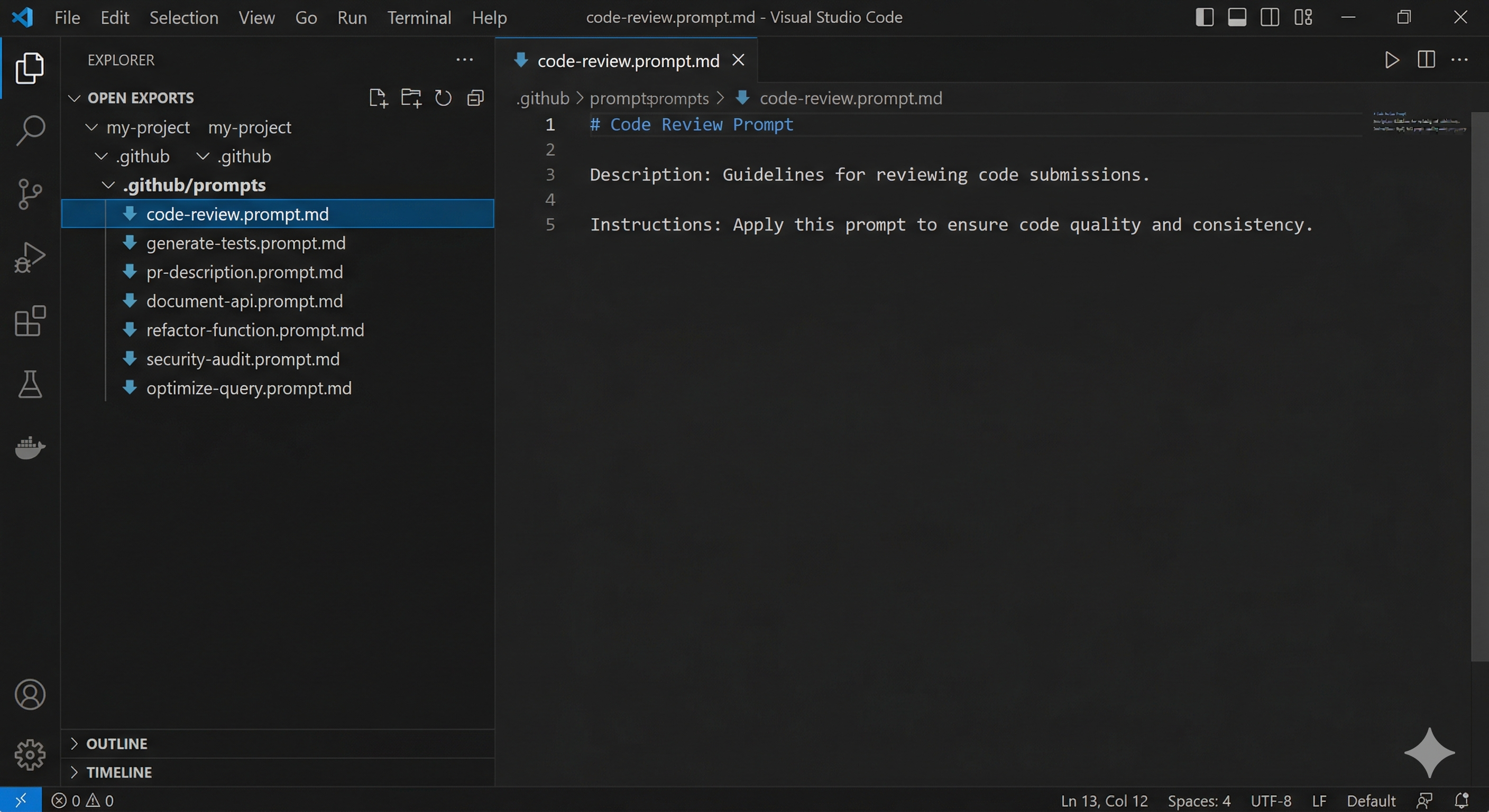 VS Code sidebar showing a library of multiple .prompt.md files organized in .github/prompts
