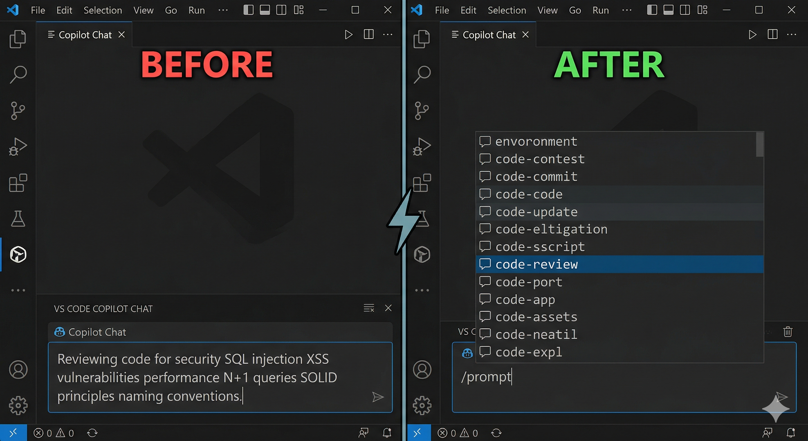 Before and after comparison showing a developer typing a long prompt manually versus invoking it with /prompt in two keystrokes